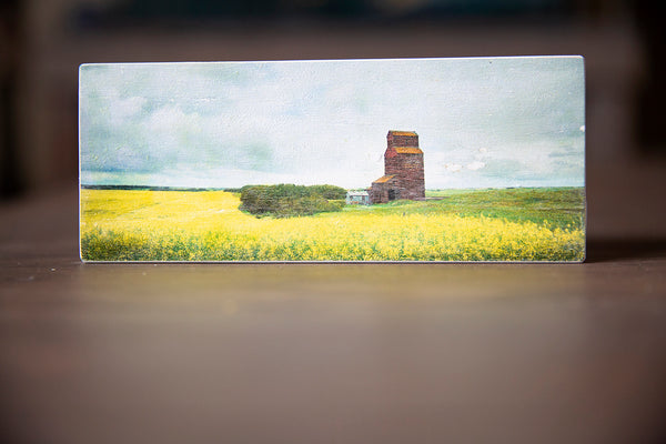 Wood magnet of grain elevator in Canadian Prairies. Handmade in Edmonton by Larry Jang, artist & photographer. Fridge decor.