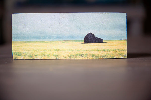 Panorama Wood magnet of abandoned barn in a wheat field. Handmade in Edmonton by Larry Jang, artist & photographer. Rustic Fridge decor. Souvenir of Canadian prairies.