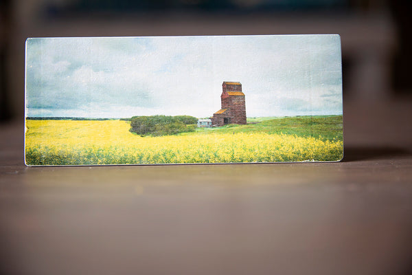 Wood magnet of Butze, Alberta Wheat Pool grain elevator in Canadian Prairies. Handmade in Edmonton by Larry Jang, artist & photographer. Fridge decor.