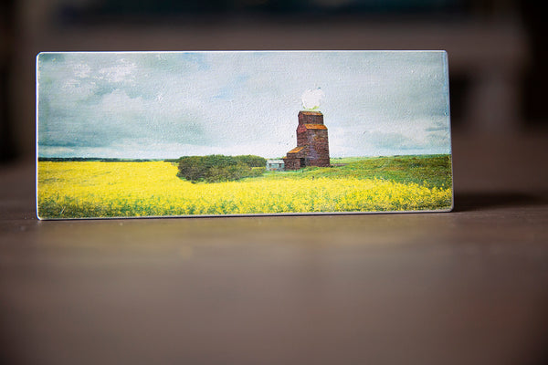 Panorama Wood magnet of canola field in Alberta. Handmade in Edmonton by Larry Jang, artist & photographer. Rustic Fridge decor. Souvenir of prairies.