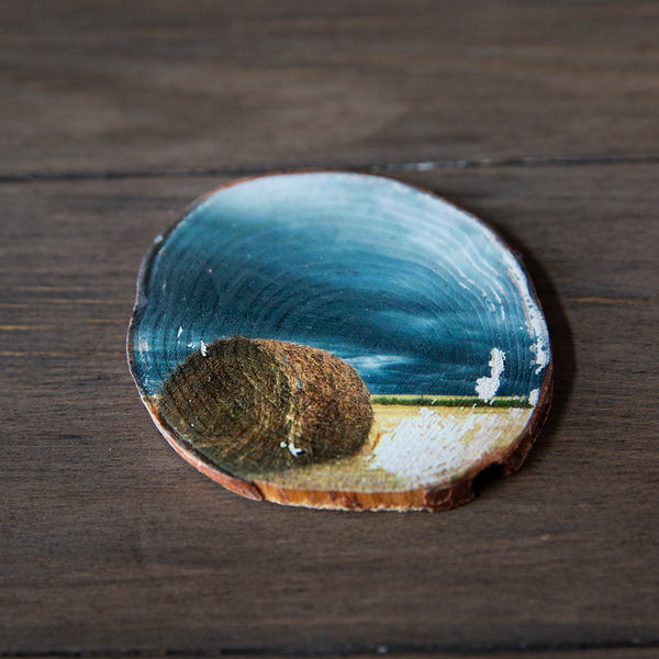Wood magnet of a hay bale sitting under Alberta Storm.. Handmade in Edmonton by Larry Jang, artist & photographer. Rustic Fridge decor. Souvenir of Canadian prairies.