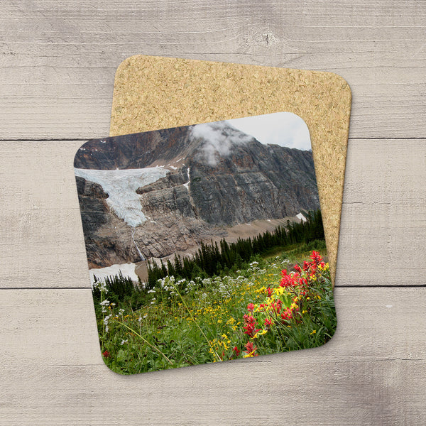 Photo Coasters of Angel Glacier in Mount Edith Cavell situated in Jasper National Park. Handmade in Edmonton, Alberta by Canadian photographer & artist Larry Jang. 