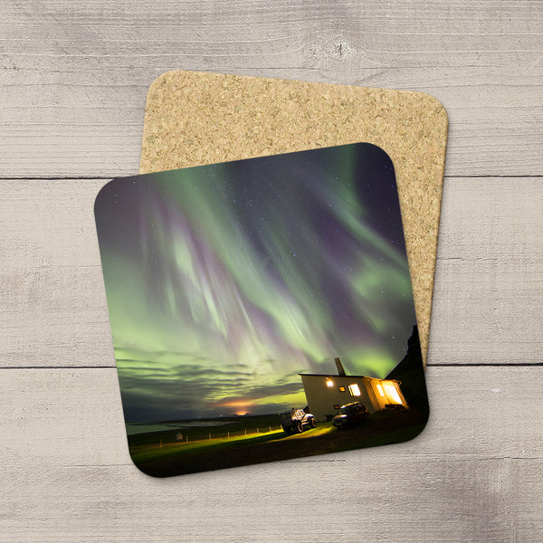 Photo Coasters of Northern Lights raining down on South Iceland. Souvenirs of Aurora Borealis by Canadian Photographer, Larry Jang.