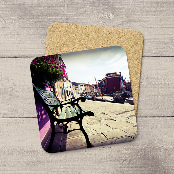 Photo of a park bench in Burano italy printed on beverage coasters by Larry Jang.