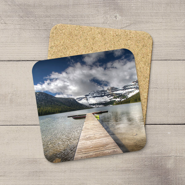Photo Coasters of a pier in Cameron Lake in Waterton National Park in Canadian Rockies. Mountain souvenirs. Handmade in Edmonton, Alberta by Canadian photographer & artist Larry Jang.