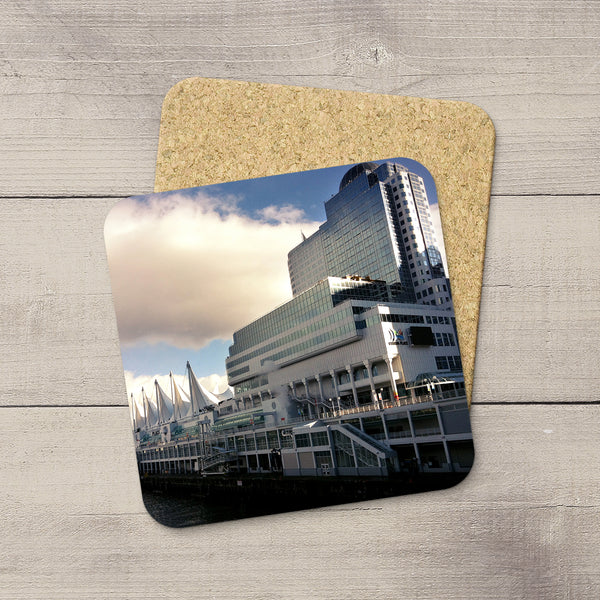 Picture of Canada Place in Vancouver BC printed on cork coasters by Larry Jang.