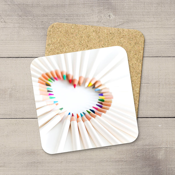 Craft Room Decor Ideas. Photo Coaster of Pencil Crayons in shape of a heart. Modern functional table decor by Edmonton artist & photographer. 