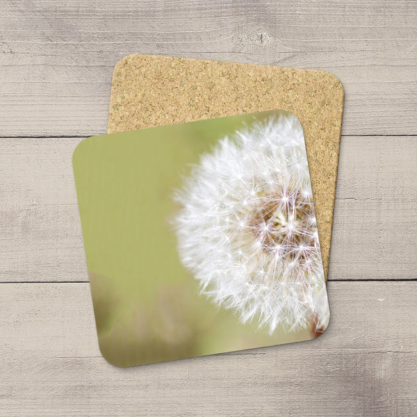 Intimate macro picture of dandelion flowers hand printed on beverage coasters by Larry Jang