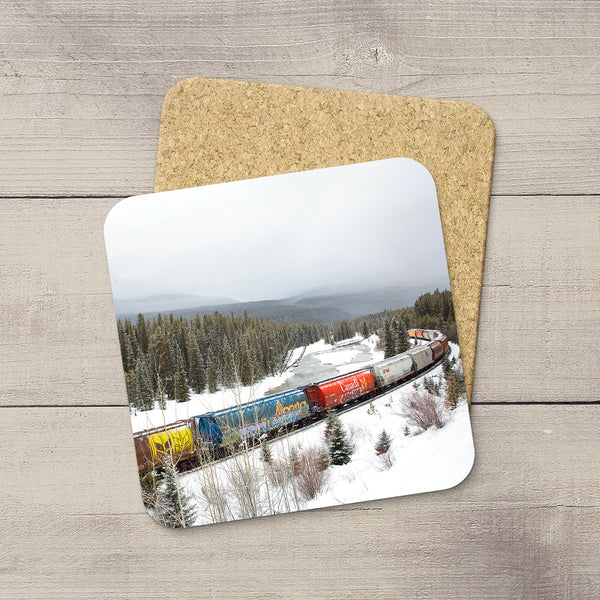 Photo Coaster of Freight Train of Grain Cars including Alberta & Canada Hopper Car in Canadian Rockies. Handmade in Edmonton, Alberta by Canadian photographer & artist Larry Jang.