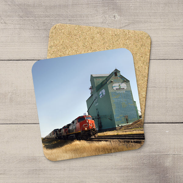 Tabletop coasters featuring Bashaw Grain Elevator and a CN freight train by Canadian Prairies photographer, Larry Jang