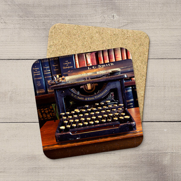 Library accessories. Photo Coasters of Vintage LC Smith Typewriter & book shelf. Modern functional table decor by Edmonton artist & photographer. 