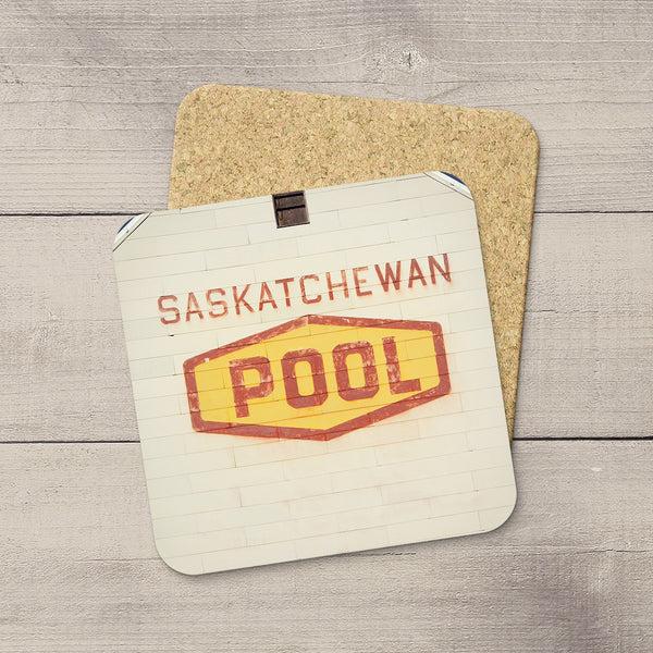 Photo coasters featuring the iconic Saskatchewan Wheat Pool logo taken from the side of a grain elevator, Home accessories by Edmonton based photographer & artist, Larry Jang