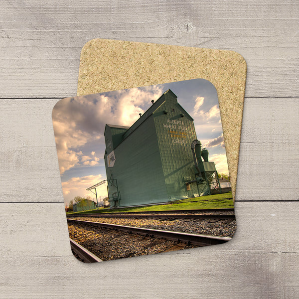 Leduc grain elevator picture hand printed on Photo Coasters by Laarry Jang.