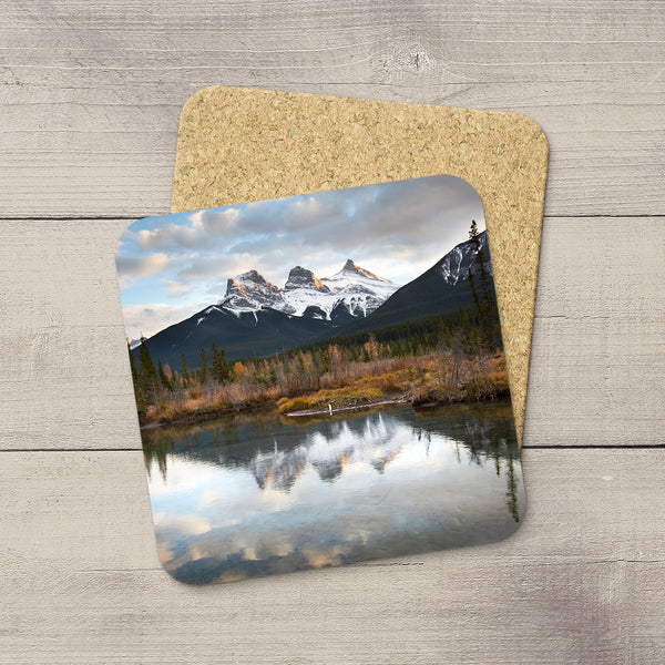 Photo Coaster of Three Sisters Mountain in Canmore in Canadian Rockies. Handmade in Edmonton, Alberta by Canadian photographer & artist Larry Jang.