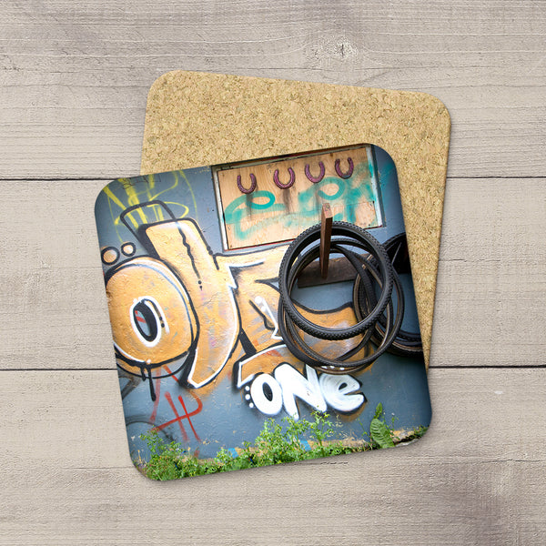 Photo Coasters. Picture of graffiti & bike tires from Reykjavik, Iceland by Larry Jang.