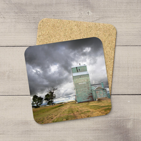 Drink coasters of Magrath grain elevator bracing for incoming summer storm by Edmonton based photographer, Larry Jang