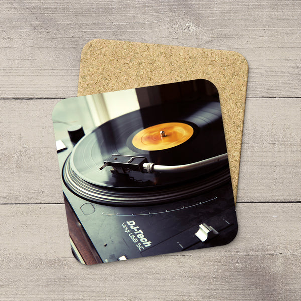 Music Room Accessories. Photo Coasters of a Sony turntable playing a record album. Vinyl love. Modern functional art by Edmonton artist & photographer Larry Jang.