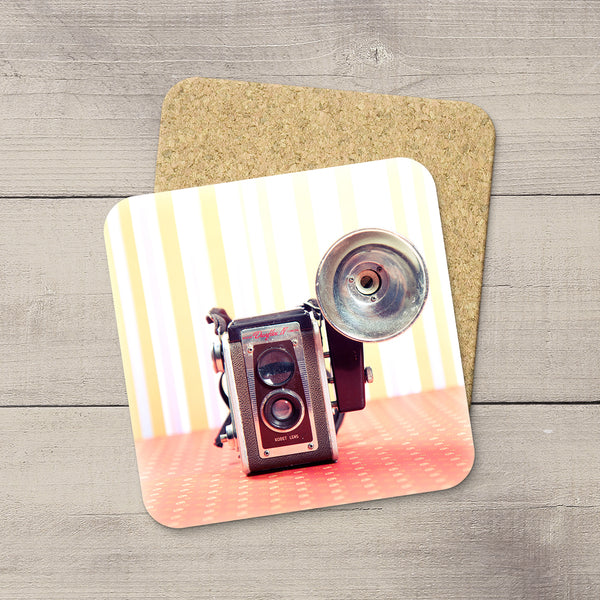 Decor for Photography Studio or Man Cave. Photo Coasters featuring a Vintage Kodak Duoflex Camera & Flash by Larry Jang, an Edmonton based artist & photographer. 