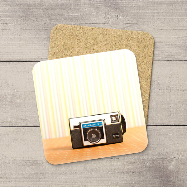 Decor for Photography Studio or Man Cave. Photo Coasters featuring a Vintage Kodak 1970s Instamatic Box Camera by Larry Jang, an Edmonton based artist & photographer. 