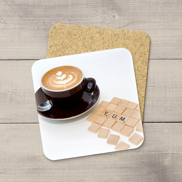 Kitchen Decor Ideas. Photo Coasters of Cappuccino and Scrabble Tiles spelling YUM. Modern functional table decor by Edmonton artist & photographer.   