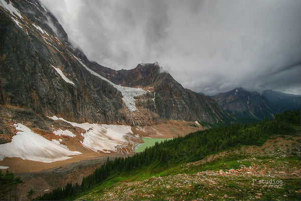 Angel Glacier and the Lake Under the Clouds is an art print of Mount Edith Cavell and its Glaciers with Kettle Lake Below.