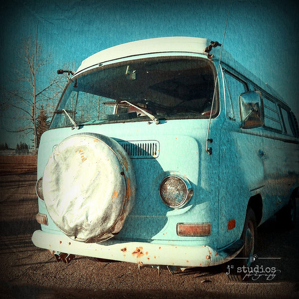 VW Van is an art print of an old baby blue hippy 1960s Volkswagen van.