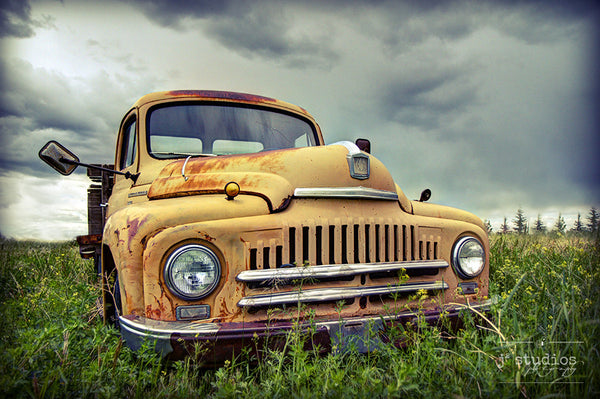 Vintage International is a fine art photography print of a yellow International truck in Southern Alberta. Jalopy Photography.