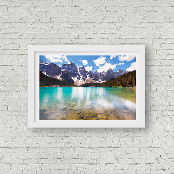 Framed Artwork of Moraine Lake and Reflection of Valley of Ten Peaks. Museum quality art.
