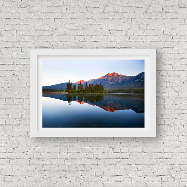 Framed Artwork of Pyramid Lake at Sunrise in Jasper Canada.