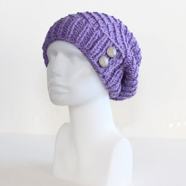 Lilac Purple Slouchy Knit Toque with Buttons