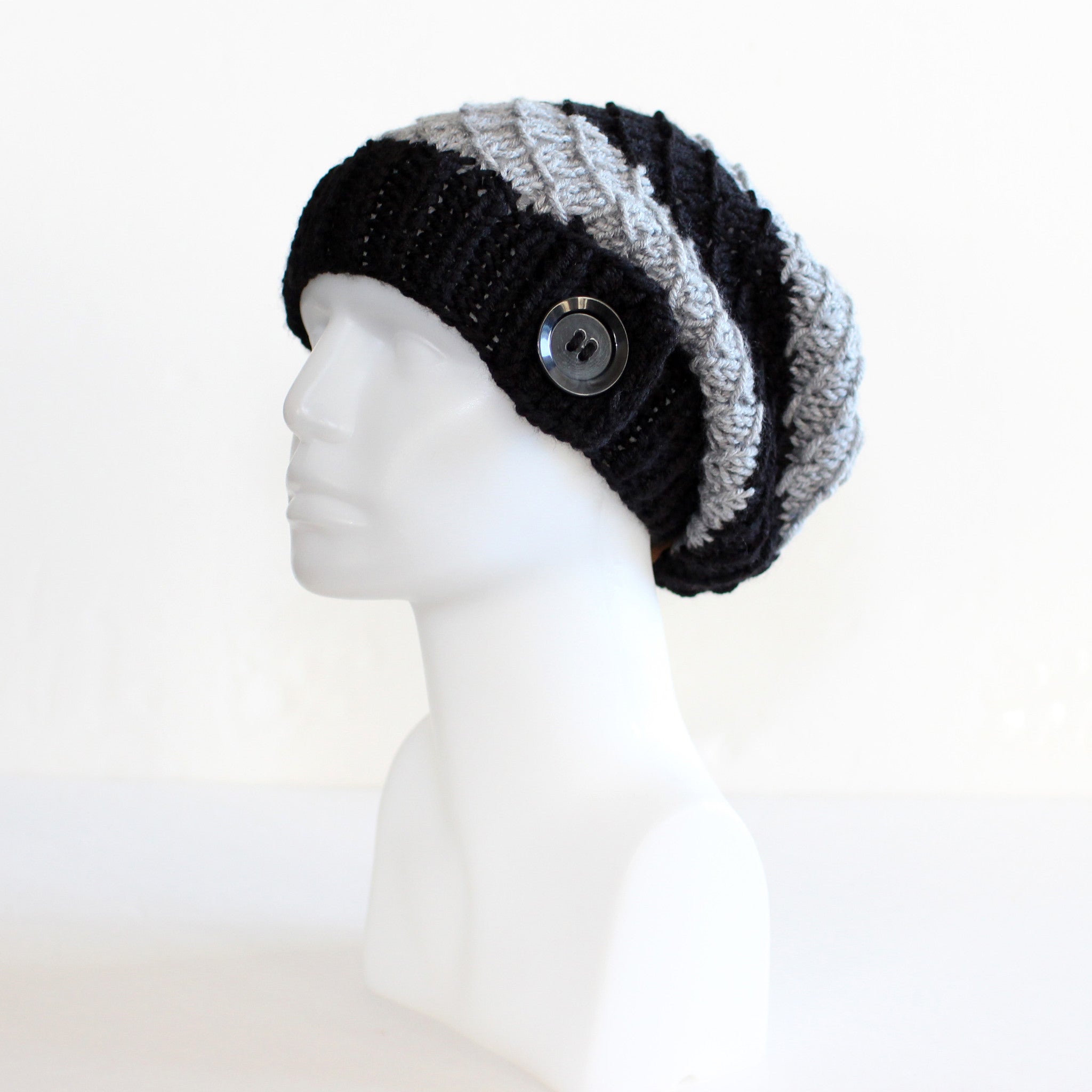 Black and Gray Slouchy Knit Toque with Buttons