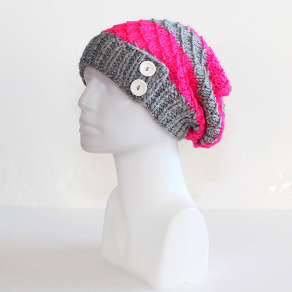 Gray and Neon Pink Slouchy Knit Toque with Buttons