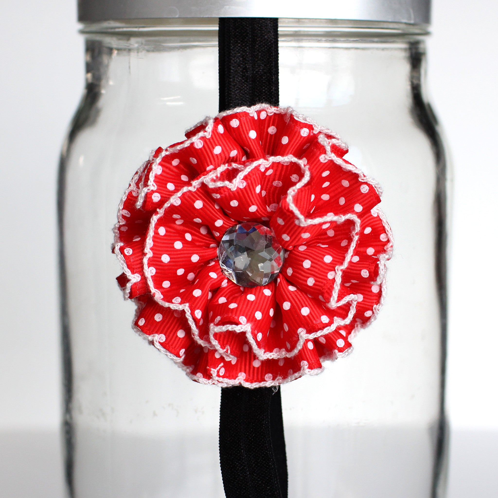 Red and White Polka Dot Ruffle Flower Headband