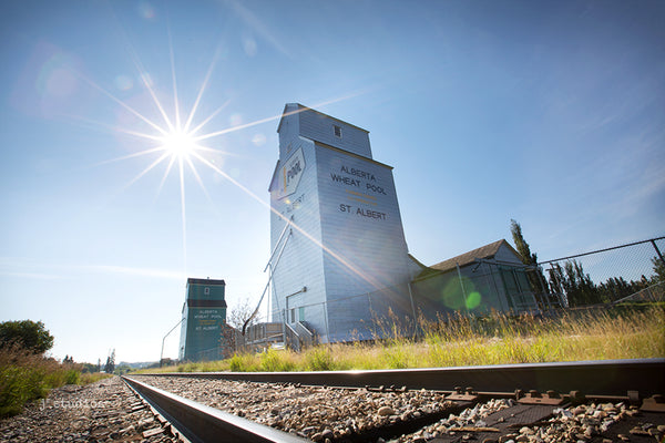 Image of the twin Alberta Wheat Pool grain elevators in St. Albert, Alberta. Heritage themed photography.