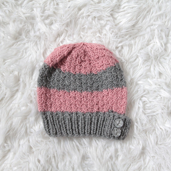 Womens Slouchy Knit Toque with Buttons - Stripes