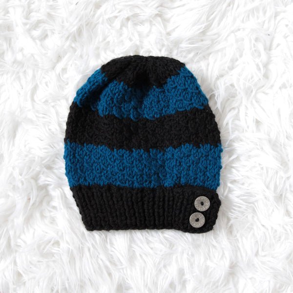 Womens Slouchy Knit Toque with Buttons - Stripes