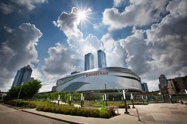 Calm before the storm. Storm clouds forming over Rogers Place. and ICE District in downtown Edmonton. 