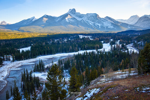 Image of Fischer Peak looming over Kananaskis River in Alberta's Rocky Mountains. K=Country love. Picture by Larry Jang of J² Studios Photography.