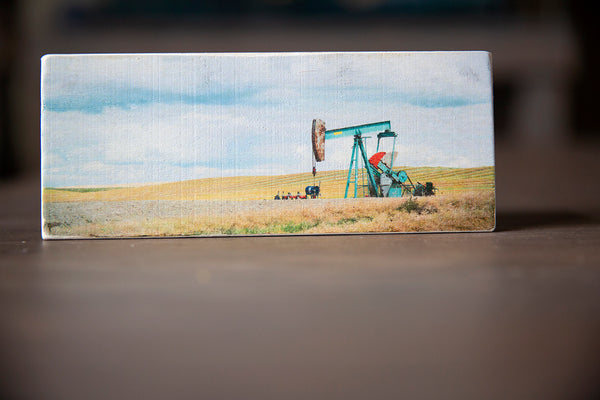 Panorama Wood magnet of pump jack pumping oil in Southern Alberta. Handmade in Edmonton by Larry Jang, artist & photographer. Rustic Fridge decor. Souvenir of Canadian prairies.