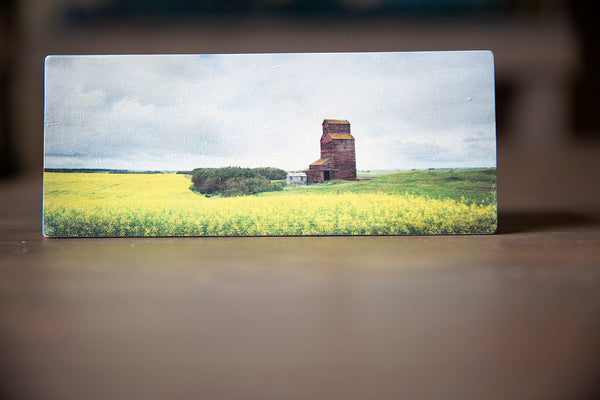 Panorama Wood magnet of canola field & grain elevator. Handmade in Edmonton by Larry Jang, artist & photographer. Rustic Fridge decor. Souvenir of prairies.