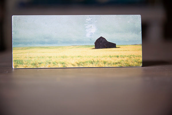 Panorama Wood magnet of abandoned barn in barley field. Handmade in Edmonton by Larry Jang, artist & photographer. Rustic Fridge decor. Souvenir of Canadian prairies.