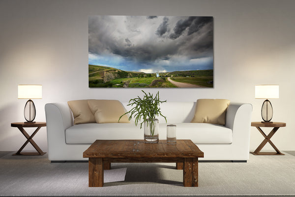 Image of Storm Photograph hanging on modern rustic living room. 