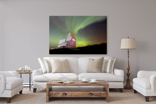 Northern Lights Over Legal Alberta Picture hanging in Rustic Modern Living Room