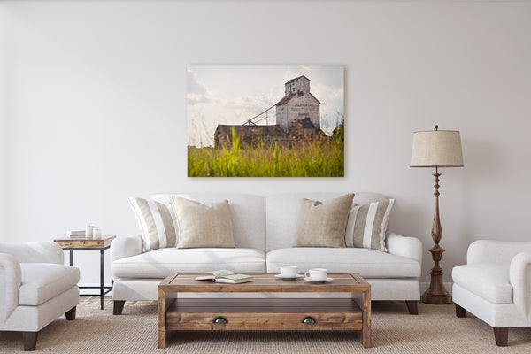 Rustic Modern Living Room Decor ideas with a big art canvas of a grain elevator.