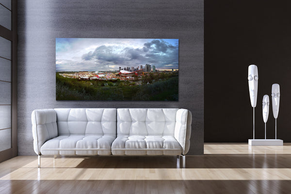 Modern living room decor ideas big poster print of Calgary skyline and stampede.