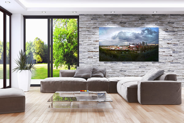 Canvas print of Calgary Stampede on display in modern living room.