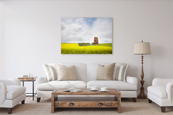 Rustic Modern Living Room Decor ideas with a big canvas print of a canola field & grain elevator.