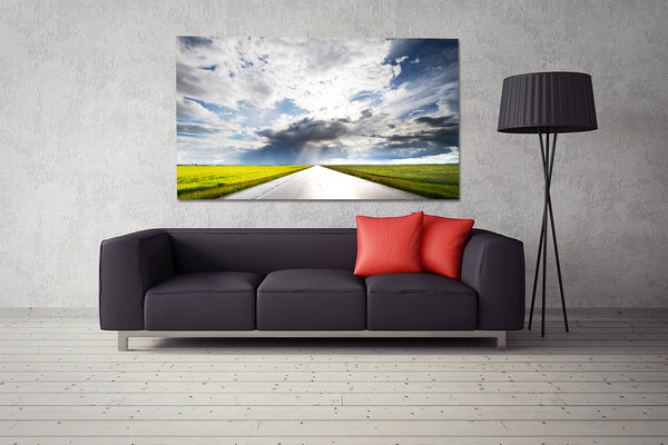 Modern living room decor ideas big canvas of  highway going through canola fields.