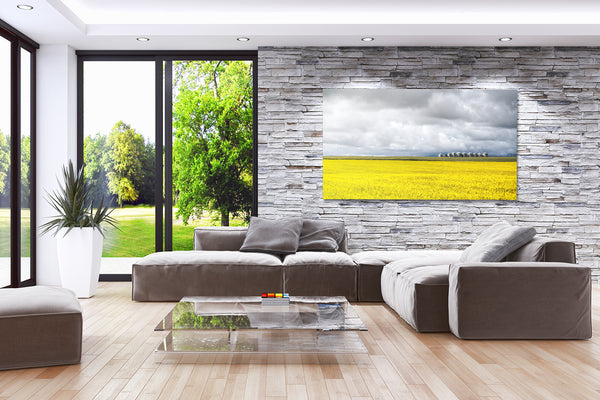 Big canvas print of canola field in a modern living room. 