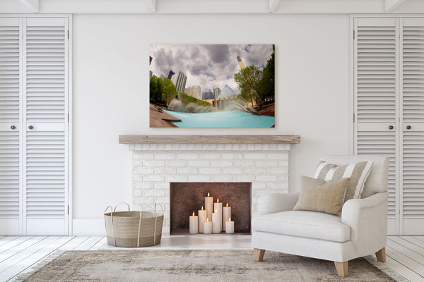 Living Room with Fireplace decor ideas.  Edmonton City Hall print hanging on the mantle.